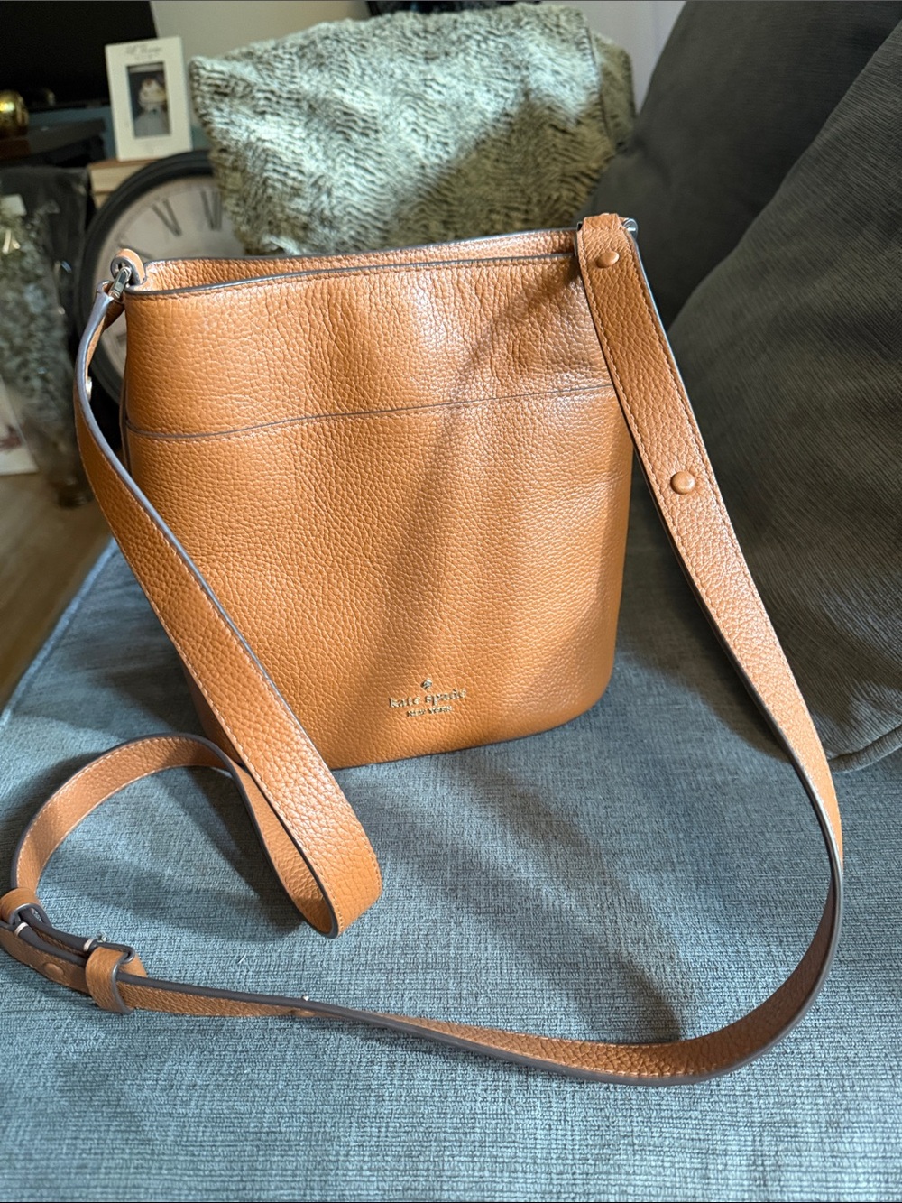 kate spade Cognac Pebbled Leather Crossbody Bucket Bag